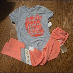 Reebok Girls Gray Tee with Coral Graphic & Coral Leggings Set